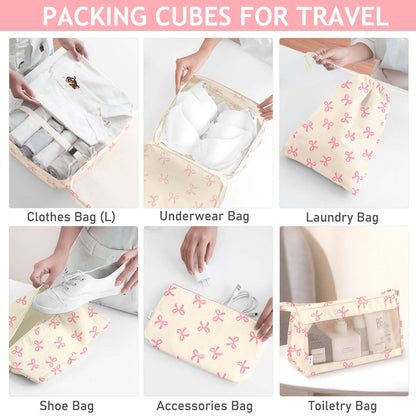 KPX 8 Set Packing Cubes for Travel, Luggage Packing Organizers Accessories Large Toiletries Bag for Clothes Shoes Cosmetics (8Set-Pink Bow)