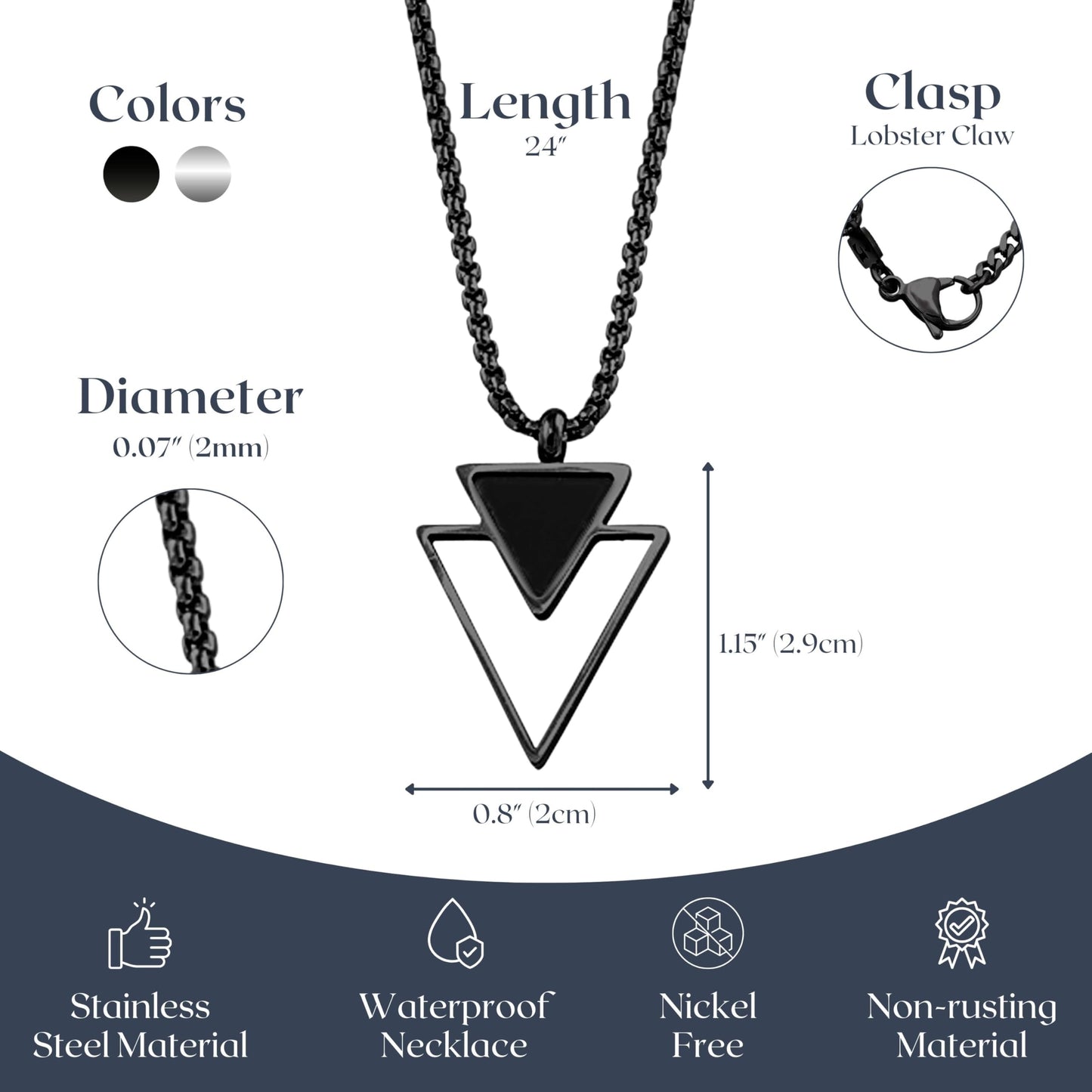 Galis Mens Necklace - Premium Stainless Steel for Men, Non Tarnish with Triangle Black Enamel Pendant, Chain Pendants, Stylish - Gifts for Him - Black 24"