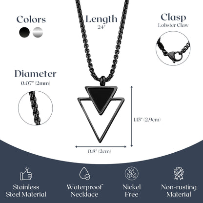 Galis Mens Necklace - Premium Stainless Steel for Men, Non Tarnish with Triangle Black Enamel Pendant, Chain Pendants, Stylish - Gifts for Him - Black 24"