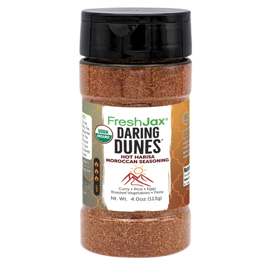 FreshJax Daring Dunes Hot Moroccan Harissa Spice Blend – 4 oz Organic, Gluten‑Free, Non‑GMO, Vegan, Keto, Paleo, No Preservatives – Bold, Smoky, Spicy Heat for Meats, Veggies & Marinades