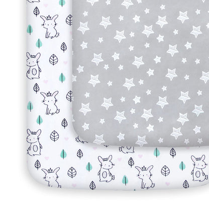 Pack and Play Sheets, 2 Pack Mini Crib Sheets, Stretchy Playard Fitted Sheet, Compatible with Graco Pack n Play, Soft and Breathable Material, Stars & Bunny