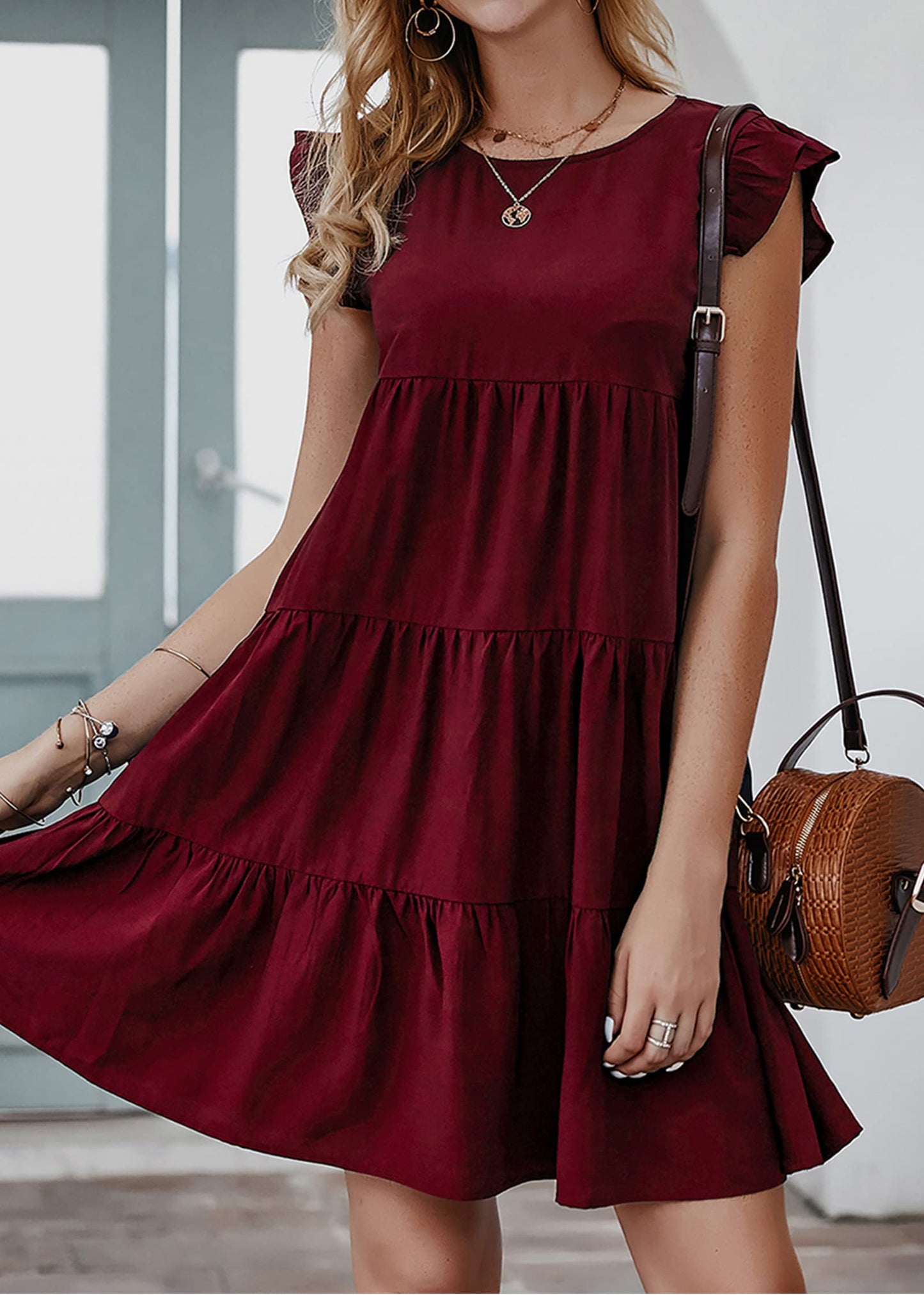 KIRUNDO Wedding Guest Dresses for Women Short Summer Sleeveless Ruffle Sleeve Round Neck Loose Short Flowy Pleated Tiered Mini Dress (Wine Red, X-Large)