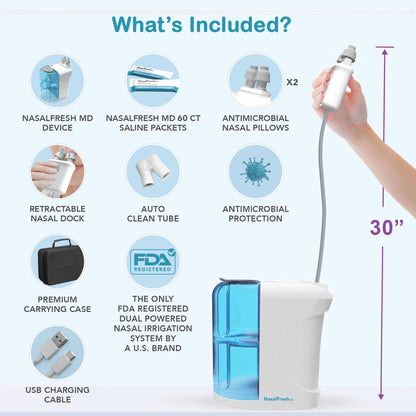 NASALFRESH MD Premium Bundle–Dual Powered Nasal Irrigation System Nasal Rinse and Wash, Sinus Decongestant Relief System, 60 Saline Packets, Case, Rechargeable, 2 Sets of Nose Pillows–Snoring Remedy