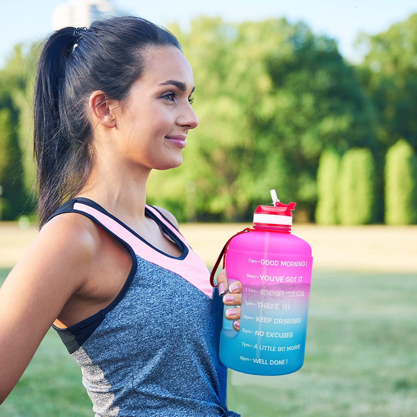 QuiFit Motivational Gallon Water Bottle - with Straw & Time Marker BPA Free Large Reusable Sport Water Jug with Handle for Fitness Outdoor Enthusiasts Leak-Proof (Pink/Blue,1 gallon)