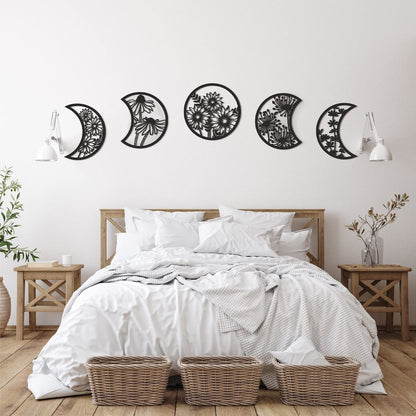 Jetec 5 Pcs Moon Phase Wall Hanging Decor Art Above Bed Boho Moon Phase Nordic Wood Wall Pediment Ornament for Living Room Bedroom Home Decoration Room Apartment Bar(Black)