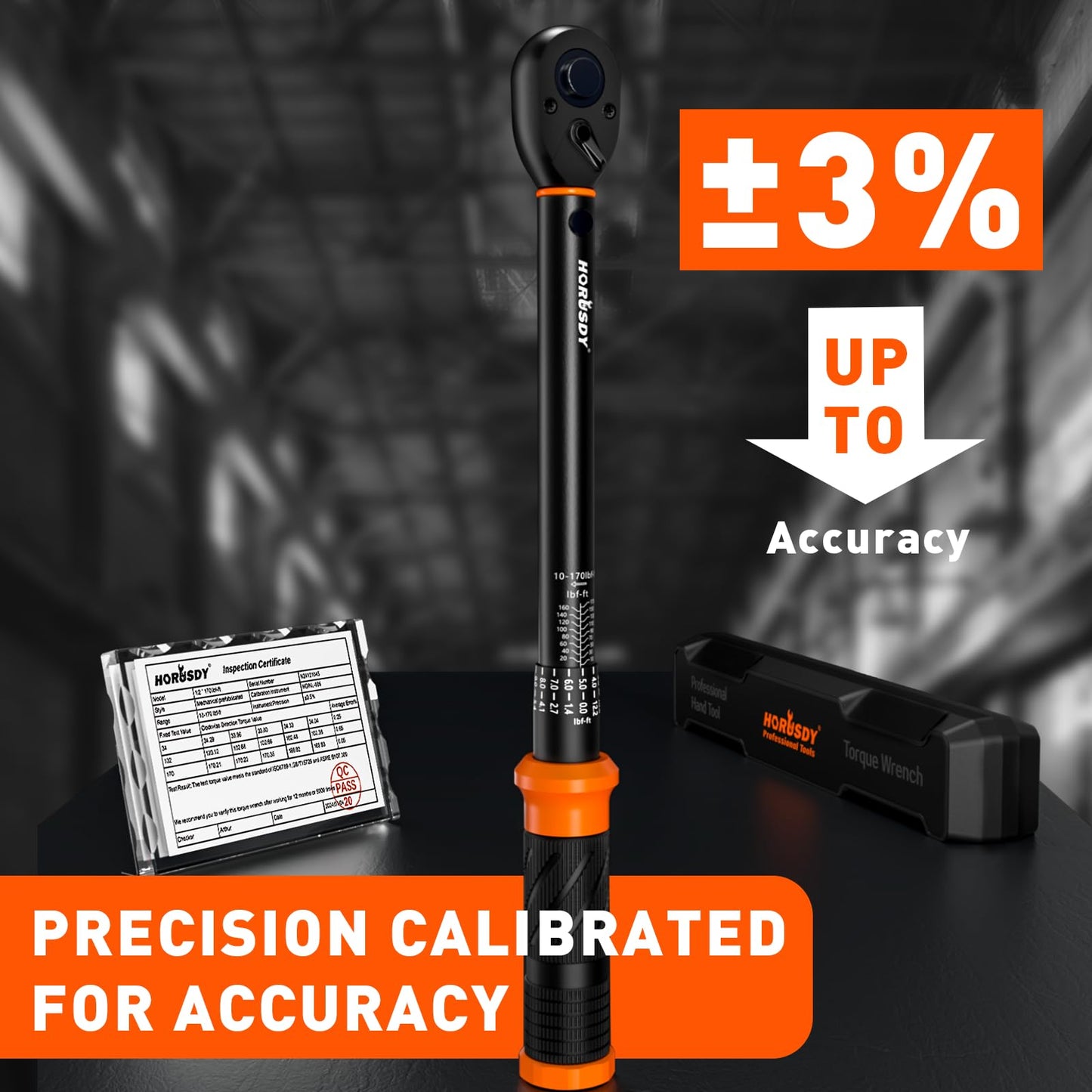 HORUSDY 1/2-Inch Drive Click Torque Wrench Set – 10–170 ft-lb / 13.6–230.5 Nm, ±3% Precision, Dual Scale, 72-Tooth Reversible Head with 5" Extension & Adapter for Car, Tire, and Motorcycle Use
