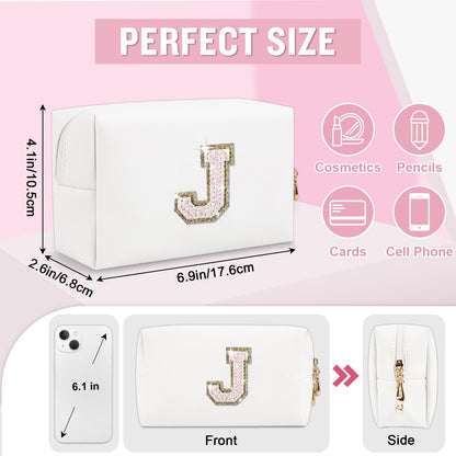 Personalized Initial A-Z Preppy Patch Makeup Bag, Small White PU Leather Cute Glitter Letter Cosmetic Bag with Zipper, Monogram Travel Toiletry Organizer Makeup Case Christmas Gifts for Women Girls,J