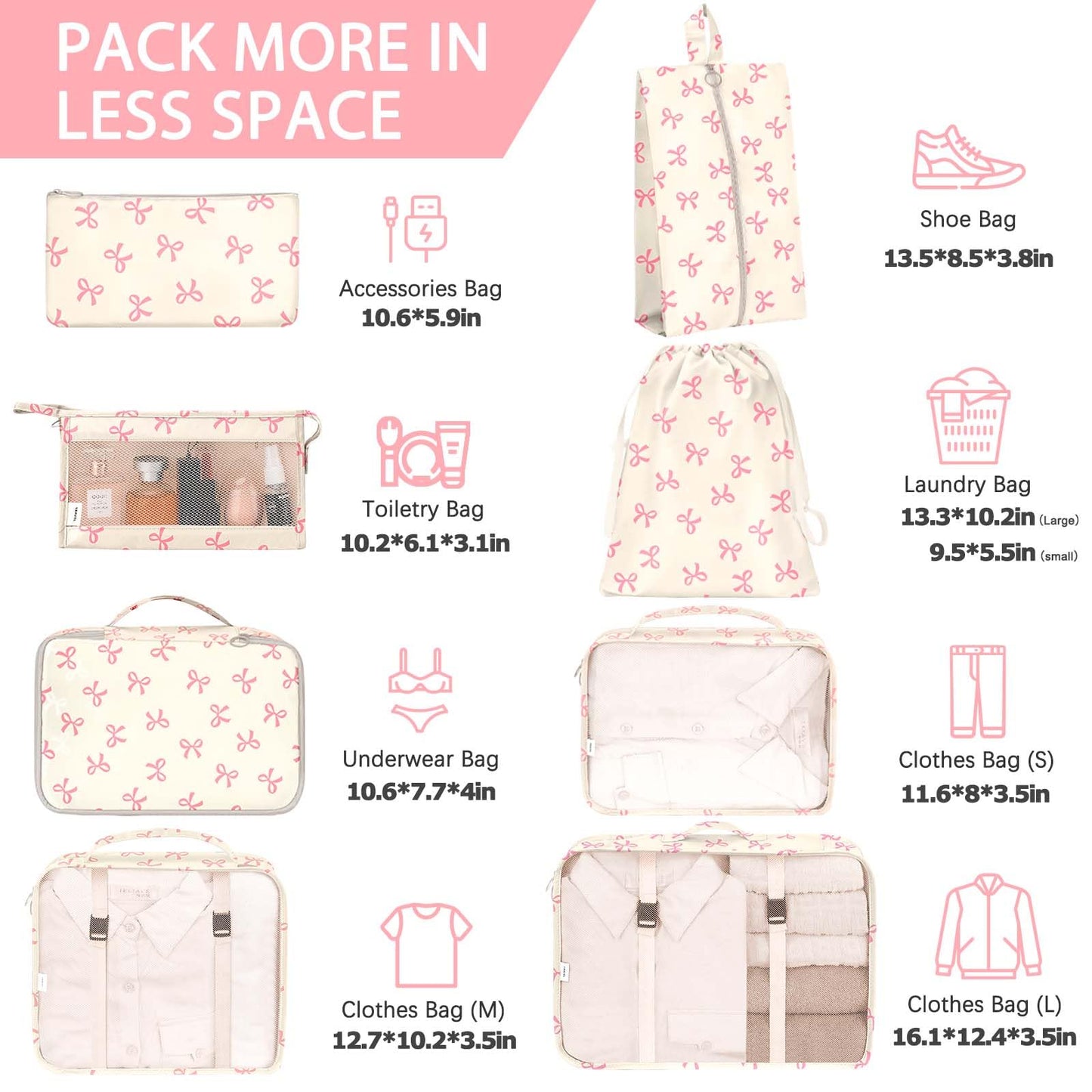 KPX 8 Set Packing Cubes for Travel, Luggage Packing Organizers Accessories Large Toiletries Bag for Clothes Shoes Cosmetics (8Set-Pink Bow)