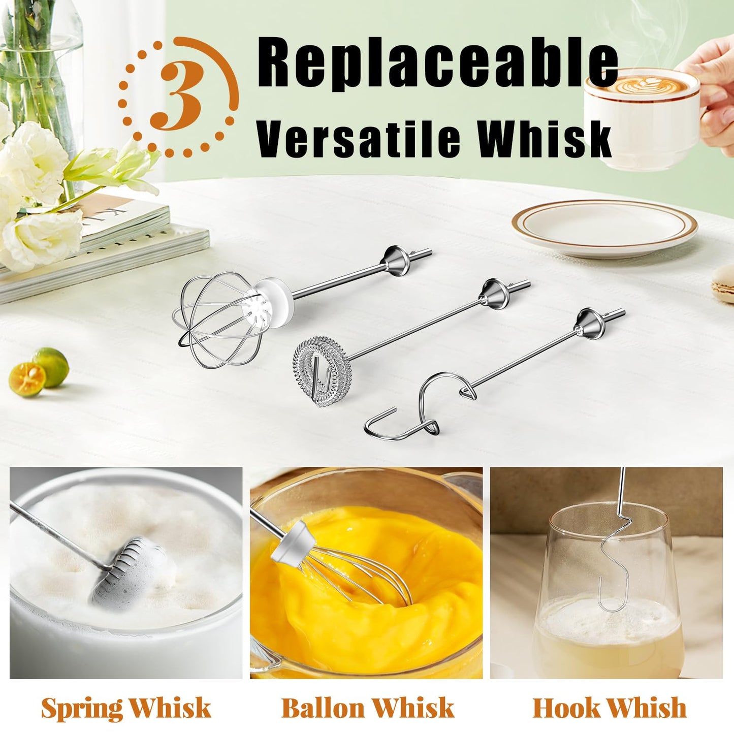 Nahida Black Milk Frother Wand for Coffee, Frother Handheld Rechargeable Electric Whisk Drink Mixer with 3 Heads 3 Speeds Coffee Frother Electric Stirrer For Latte, Cappuccino, Hot Chocolate