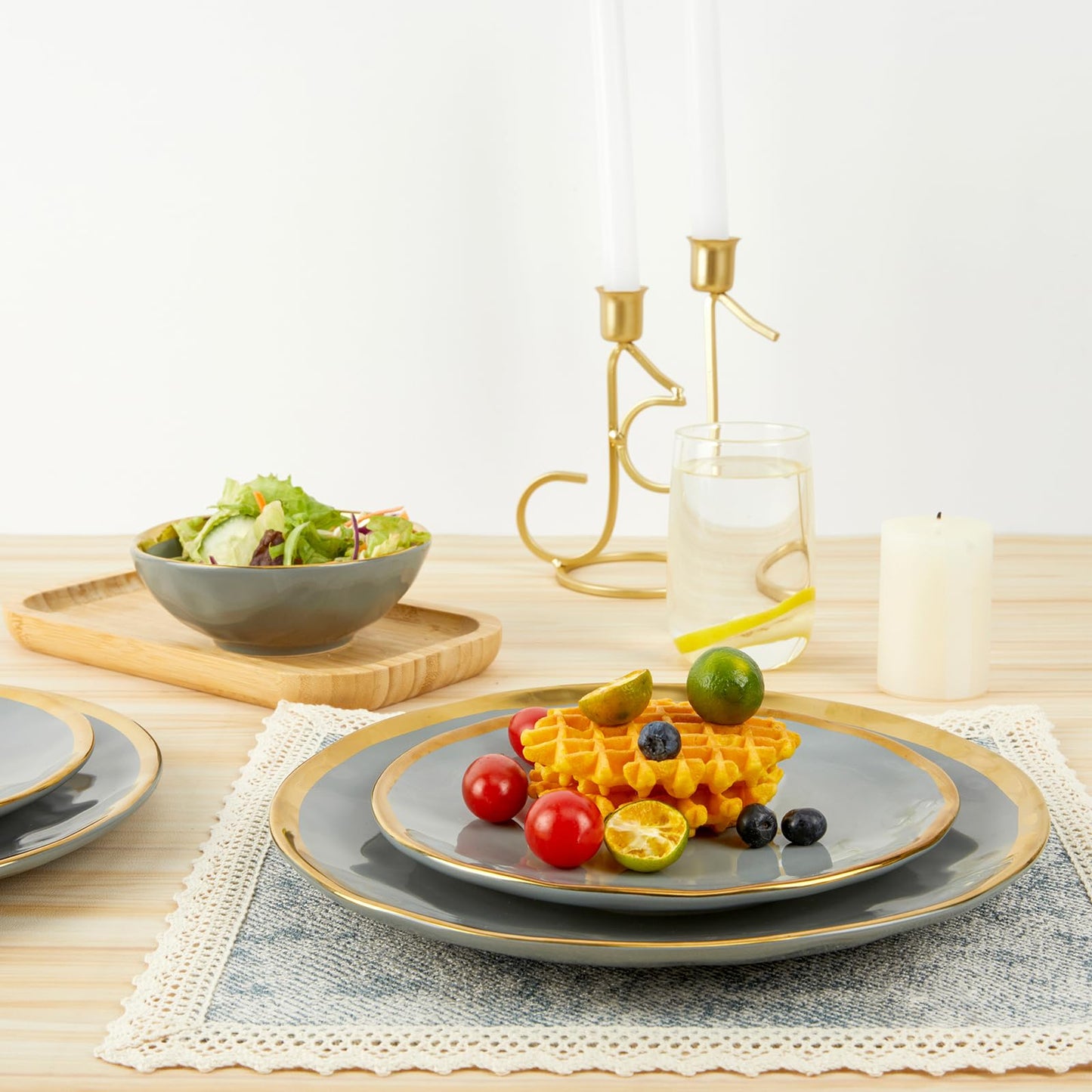 Pokini Porcelain Luxury Dinnerware Sets, Modern Plates and Bowls Sets for 4, Highly Chip and Crack Resistant, Grey and Gold Rim China Dishes Set for Wedding Anniversary