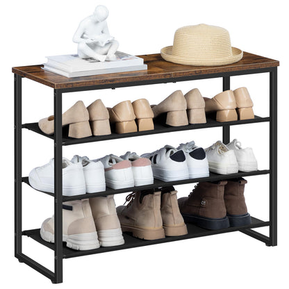 HOOBRO Shoe Rack, 4 Tier Shoe Storage Organizer with 3 Oxford Fabric Shelves and Top Panel, Holds 12-16 Pairs of Shoes for Entryway and Closet, Industrial, Rustic Brown BF47XJ01G1