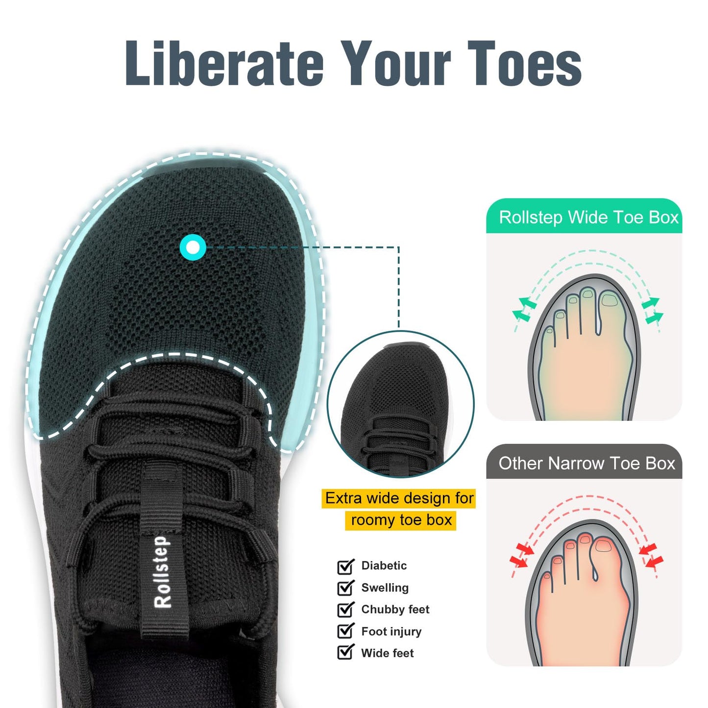 Rollstep Wide Toe Box Shoes Women Extra Wide Width Sneakers Diabetic Air Cushion Road Running Shoes Ultra Light Wide Tennis Sneakers Gym Training Breathable Walking Shoes Black 39