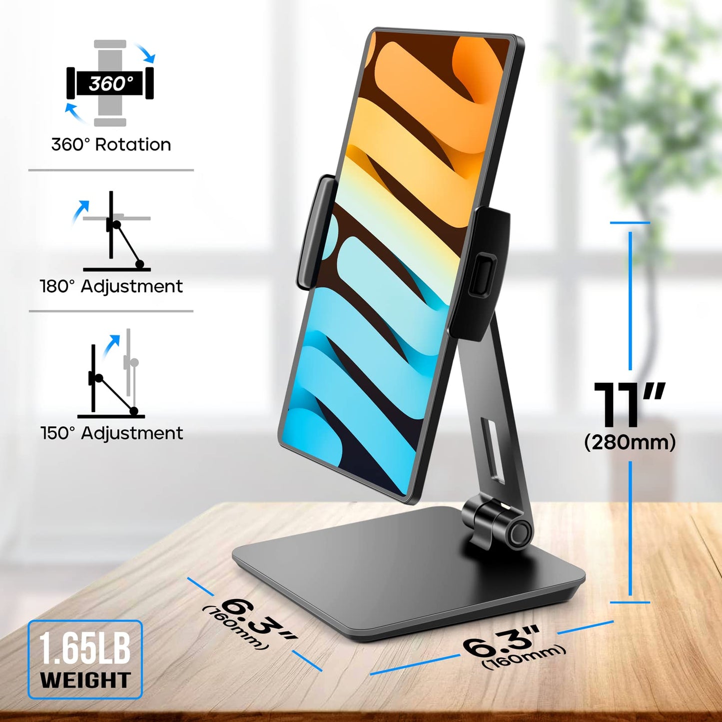 ROADOM Tablet Stand, Adjustable 360° Swivel Bracket, 180° Tiltable Clamp,Foldable Tablet Holder for 4.7-17.3'' iPhone/iPad/Tablet/Portable Monitor, Aluminum Alloy, Black