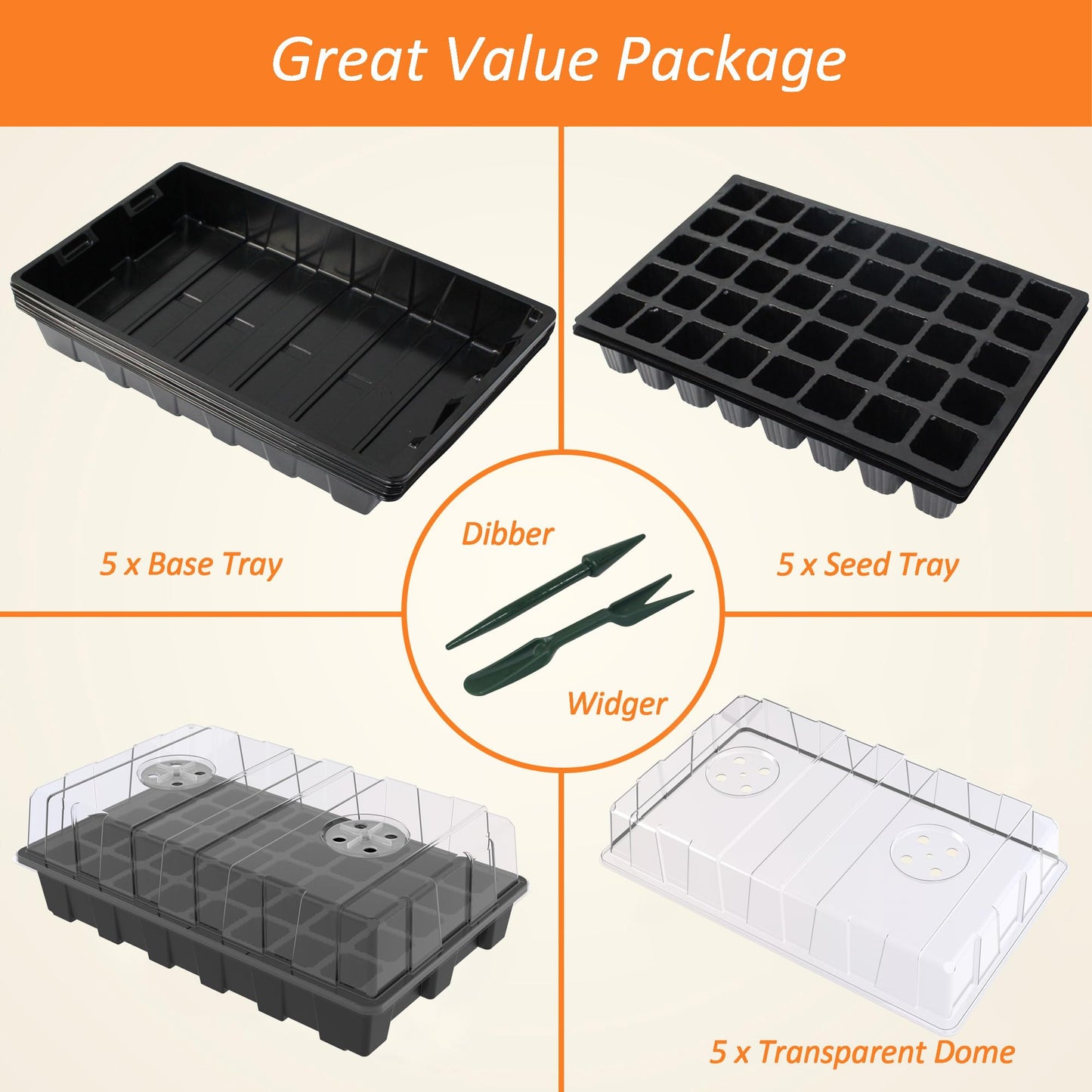 Gardzen 5-Set Seed Starter Tray Kits, Durable Plant Germination Trays with Humidity Vented Domes and Bases, Ideal for Seed Starting, Indoor Gardening, and Greenhouse (Total 200 Cells)
