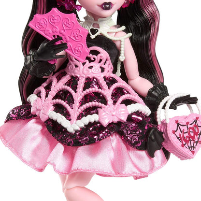 Monster High Scary Sweet Birthday Doll, Draculaura in Pink Party Dress with Themed Accessories Like Invite, Balloon, Gift, Fan and More