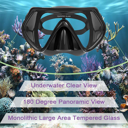 WACOOL Professional Snorkeling Snorkel Diving Scuba Package Set with Anti-Fog Coated Glass Purge Valve and Anti-Splash Silicon Mouth Piece for Men Women (Adults,Black)