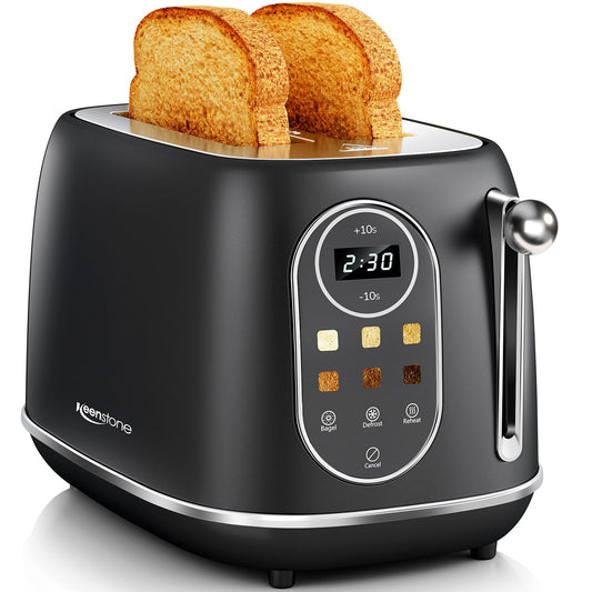 Keenstone Smart Touch Screen Toaster 2 Slice, Retro Wide Slot Stainless Steel Toaster with 6 Browning Levels, Reheat & Defrost, for Bagel, Toast, Bread, Removable Crumb Tray, Black