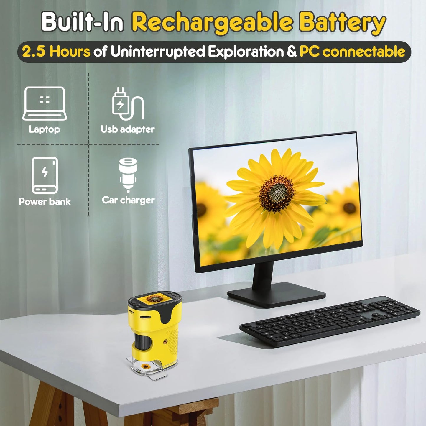 1000X Handheld Microscope for Kids 4K 2.0" Screen Rechargeable Mini Pocket Digital Microscopes w/Slides Kit Portable Edu Gift Age 4-6 8-12 Children Students (Yellow)