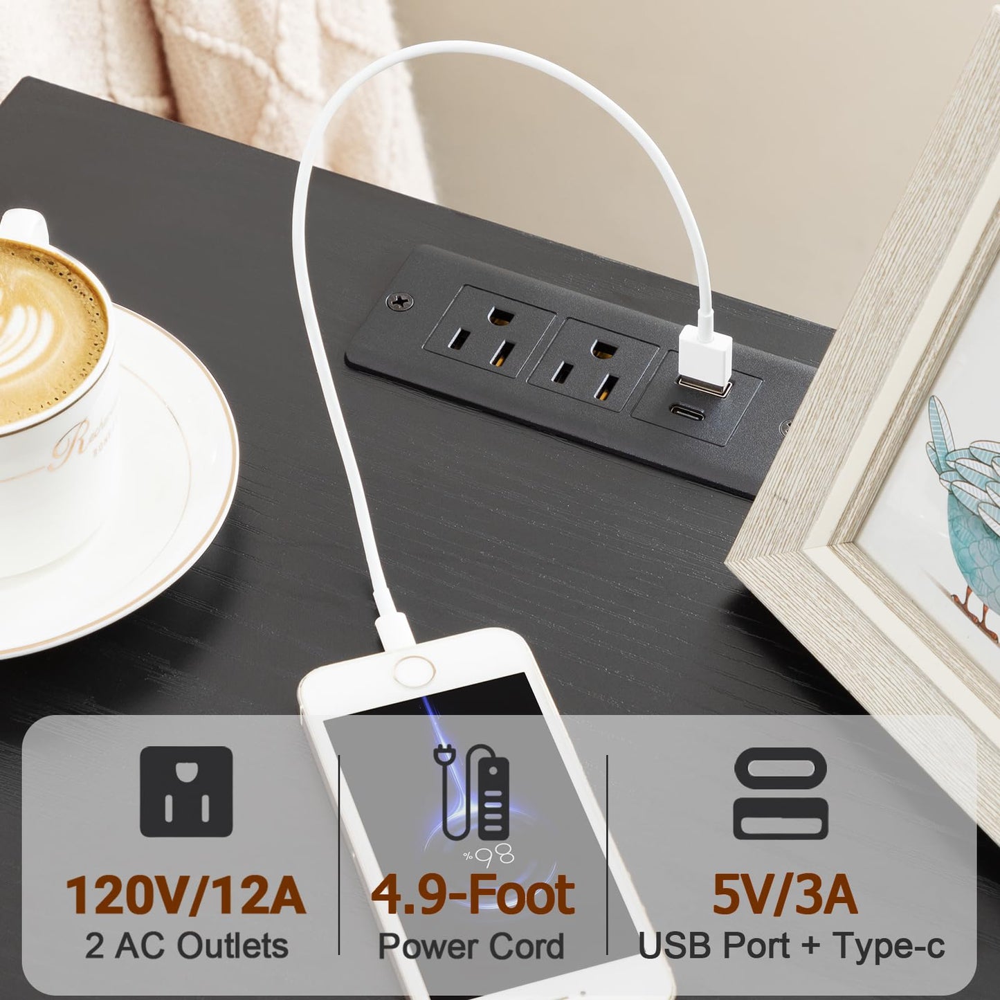 LOAKEKEL Night Stand Set 2, LED Nightstand with Charging Station, End Tables Living Room with Fabric Drawer, Small Side Tables for Bedroom, Small Space, Black, HETS01BK