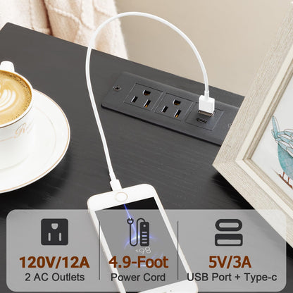 LOAKEKEL Night Stand Set 2, LED Nightstand with Charging Station, End Tables Living Room with Fabric Drawer, Small Side Tables for Bedroom, Small Space, Black, HETS01BK