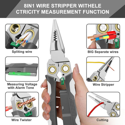 GADO Pro 8-in-1 Wire Crimper Stripper with Voltage Detector & Dual Alarms - Heavy Duty 12-250V AC/DC Tester for Hot/Neutral Wires - Electrician, HVAC, Car Repair Tool (Gray)