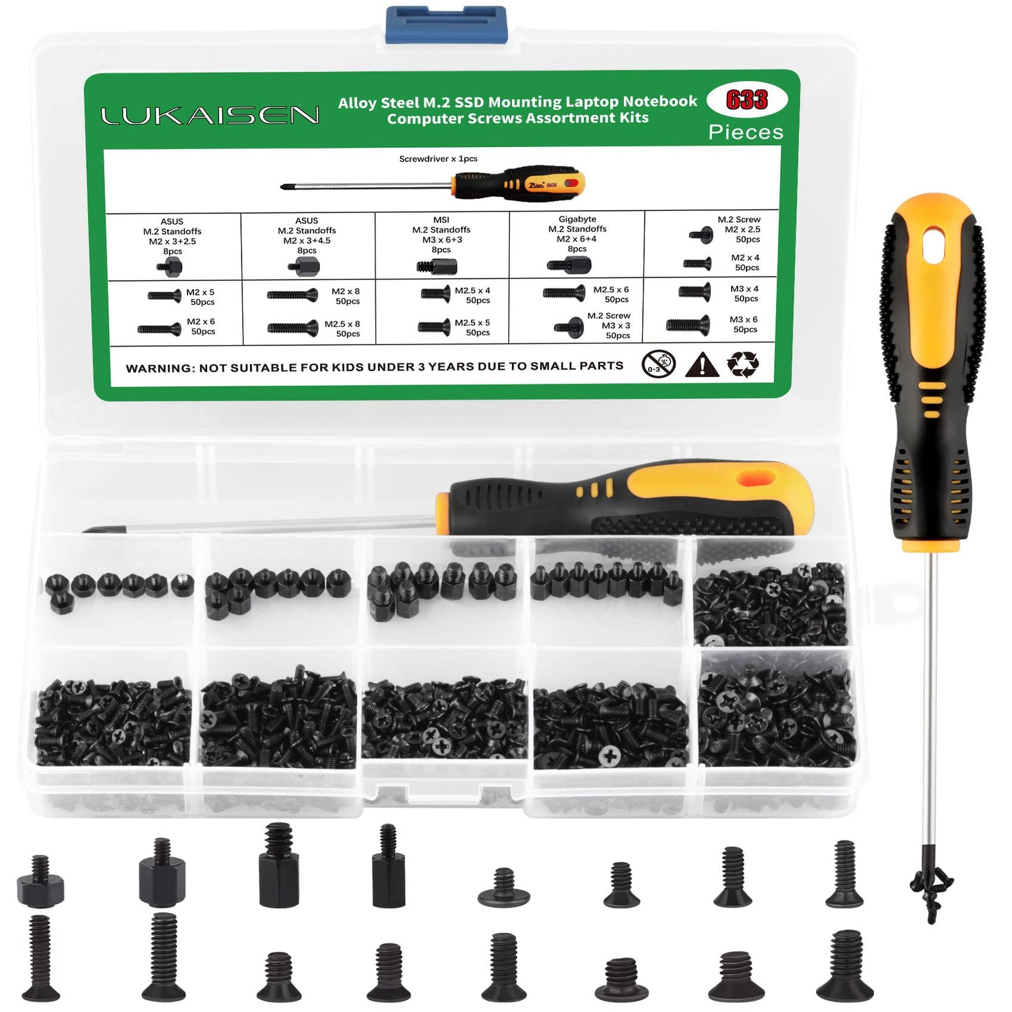 M.2 Screw Kit, 633PCS NVMe Screw M.2 SSD Mounting Kit-M2 M2.5 M3 Black Carbon Steel Laptop Notebook Computer Set with Screwdriver for Asus Gigabyte MSI Motherboards Compatible with IBM/HP/Dell