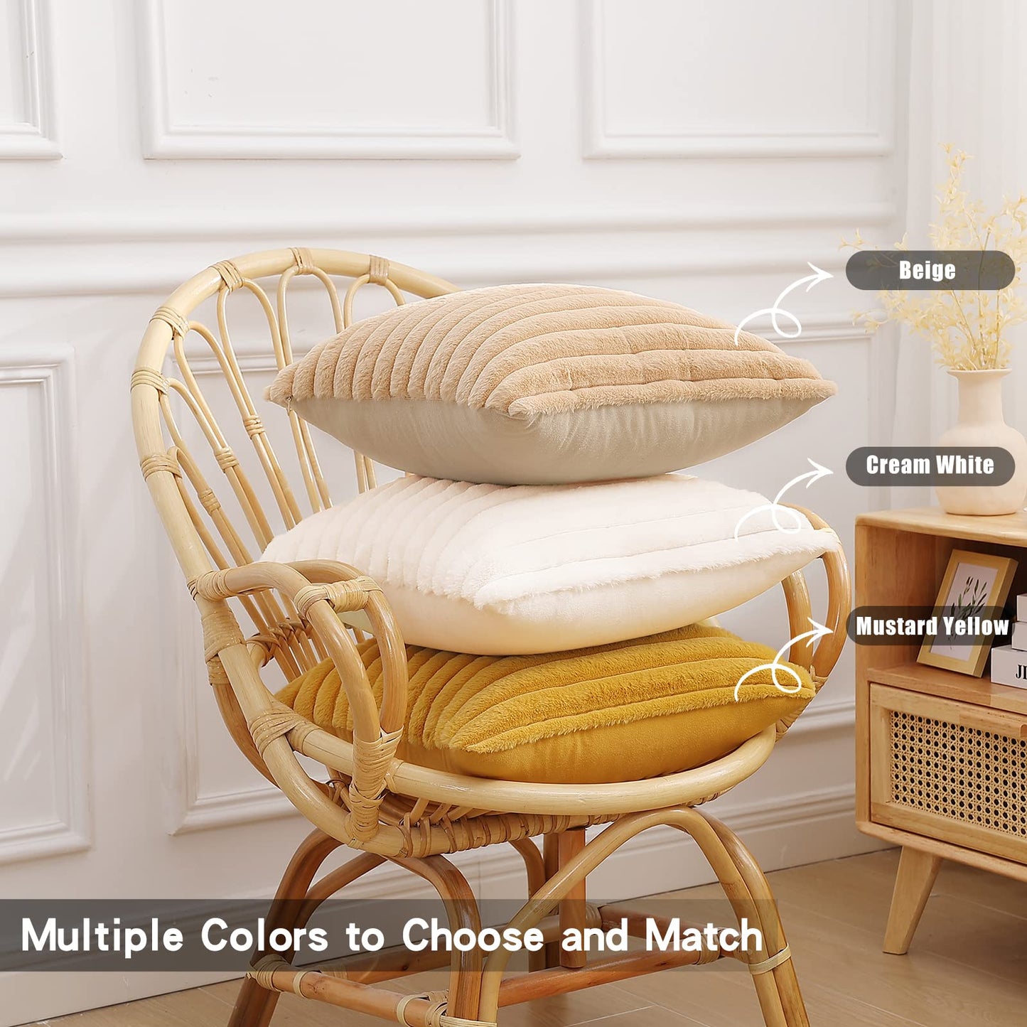 Pallene Faux Fur Plush Fall Throw Pillow Covers 18x18 Set of 2, Luxury Soft Fluffy Striped Decorative Pillow Covers for Sofa, Couch, Living Room, Cream White