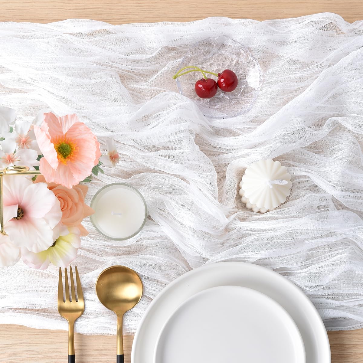 Joanlody Ivory Spring Summer Cheesecloth Table Runner 10Ft Rustic Gauze Boho Cheese Cloth Table Runner for Wedding Bridal Baby Shower Decoration