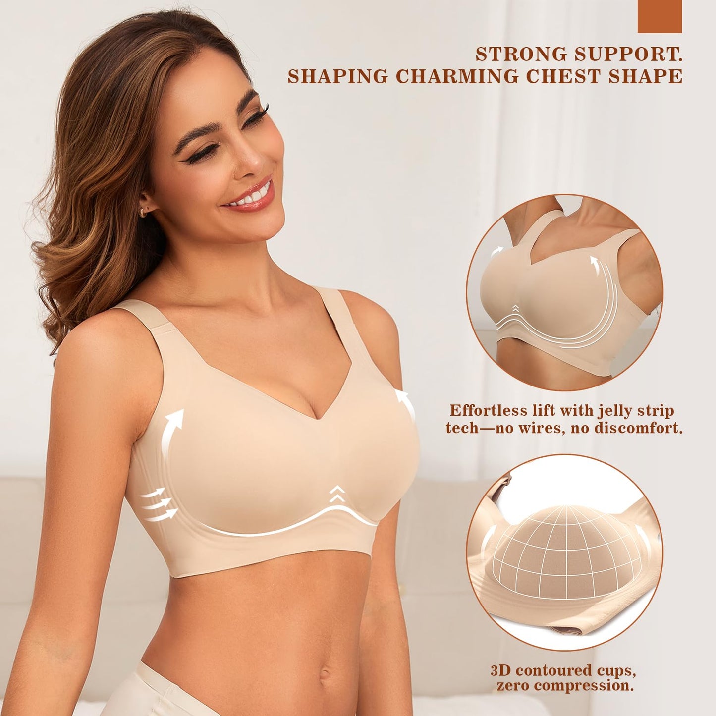 PoseFree Wireless Bras for Women Full Coverage Bra Full Support and Lift No Underwire Back Smoothing Bralette Everyday Bra (Nude,XL)