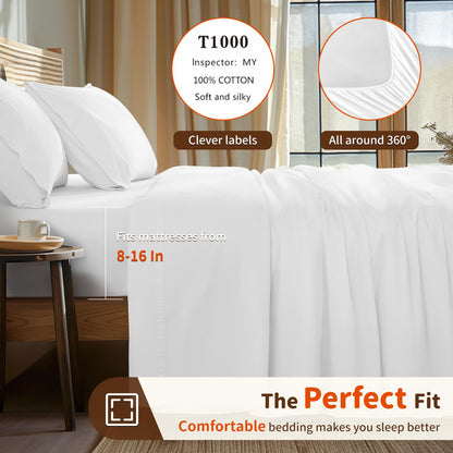 LBRO2M 100% Egyptian Cotton Sheets Set 1000 Thread Count,Queen Size Bed Sheet 4 Piece Sets,Long Staple,16 Inches Deep Pocket,All Season,Bedding Super Soft Breathable,Sateen Weave(White)