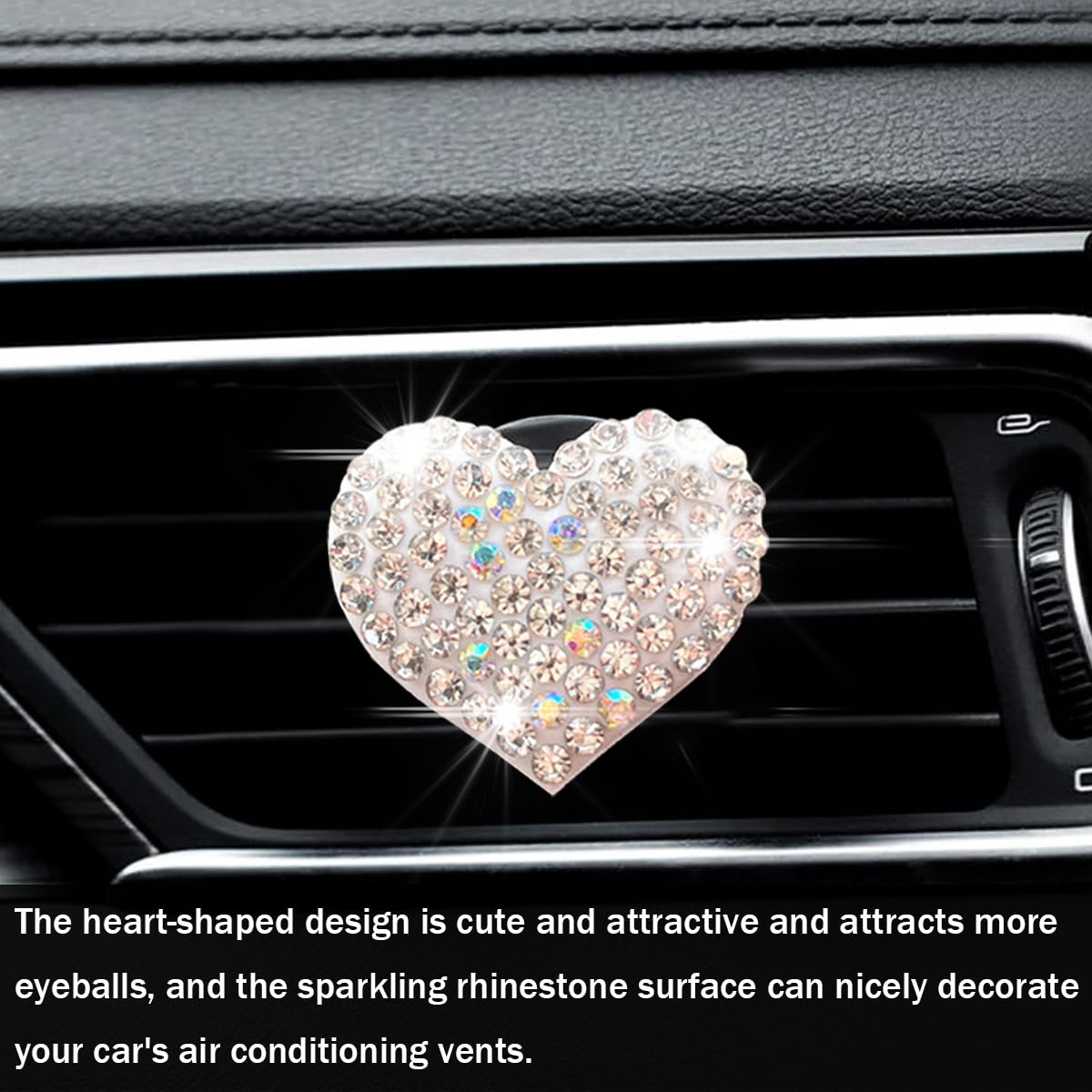 Osilly Car Bling Air Vent Clips, 2 Pcs Bling Heart Charm Air Conditioning Outlet Clip, Crystal Rhinestone Accessories, Sparkly Car Interior Decoration Cute Accessories for Women Girls（White）