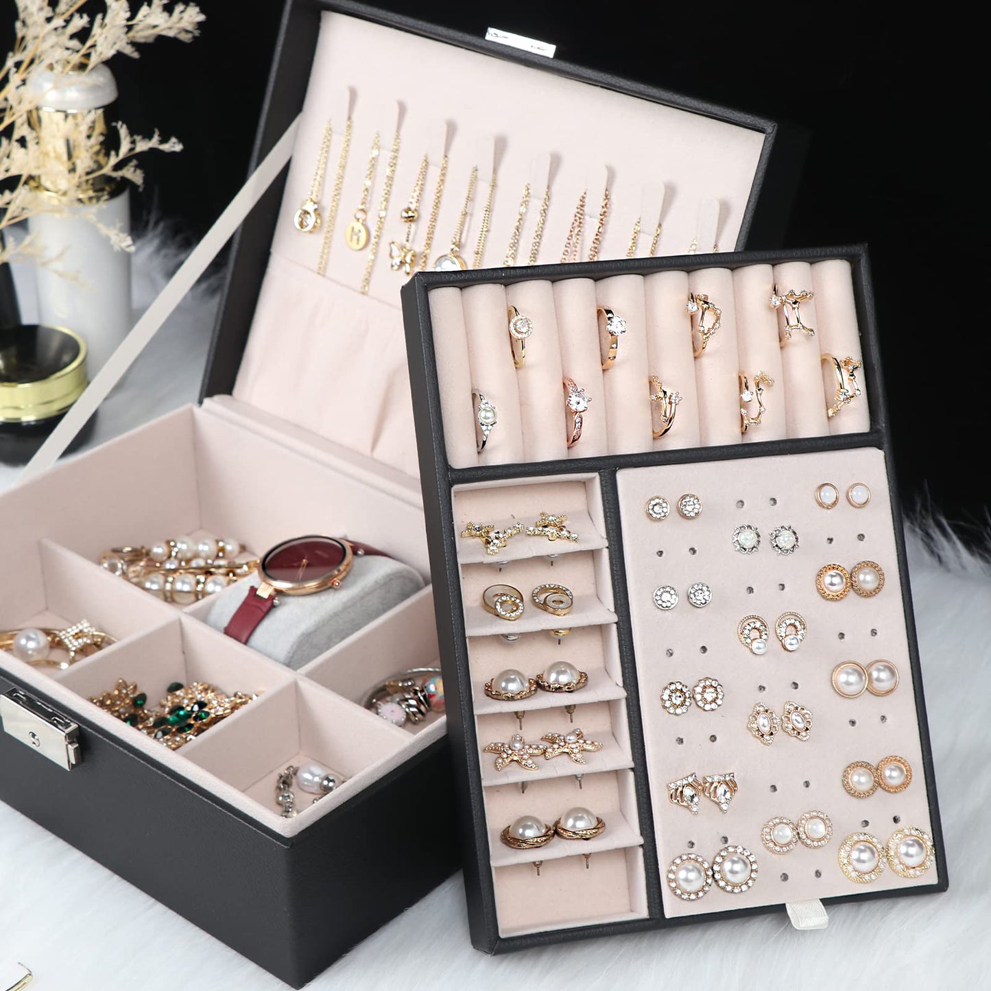 Jewelry Box for Women Girls, 2 Layers Jewelry Organizer Container with Lock, PU Leather Storage Case with Removable Tray, Jewelry Display Box for Necklaces Earrings Bracelets Rings Watches - Black