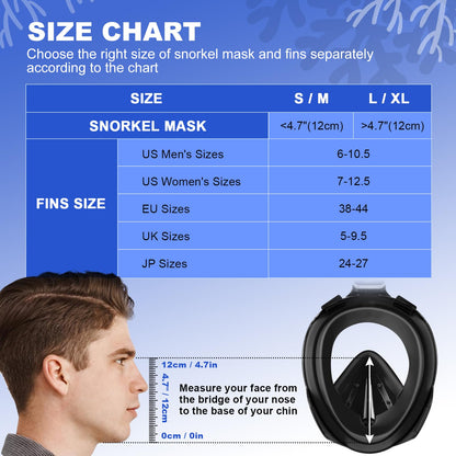 Odoland Snorkeling Packages, Full Face Snorkel Mask for Adults & Youth with Camera Mount, Adjustable Swim Fins, Anti-Fog Anti-Leak Diving Gear for Men Women Teens, Black, S/M