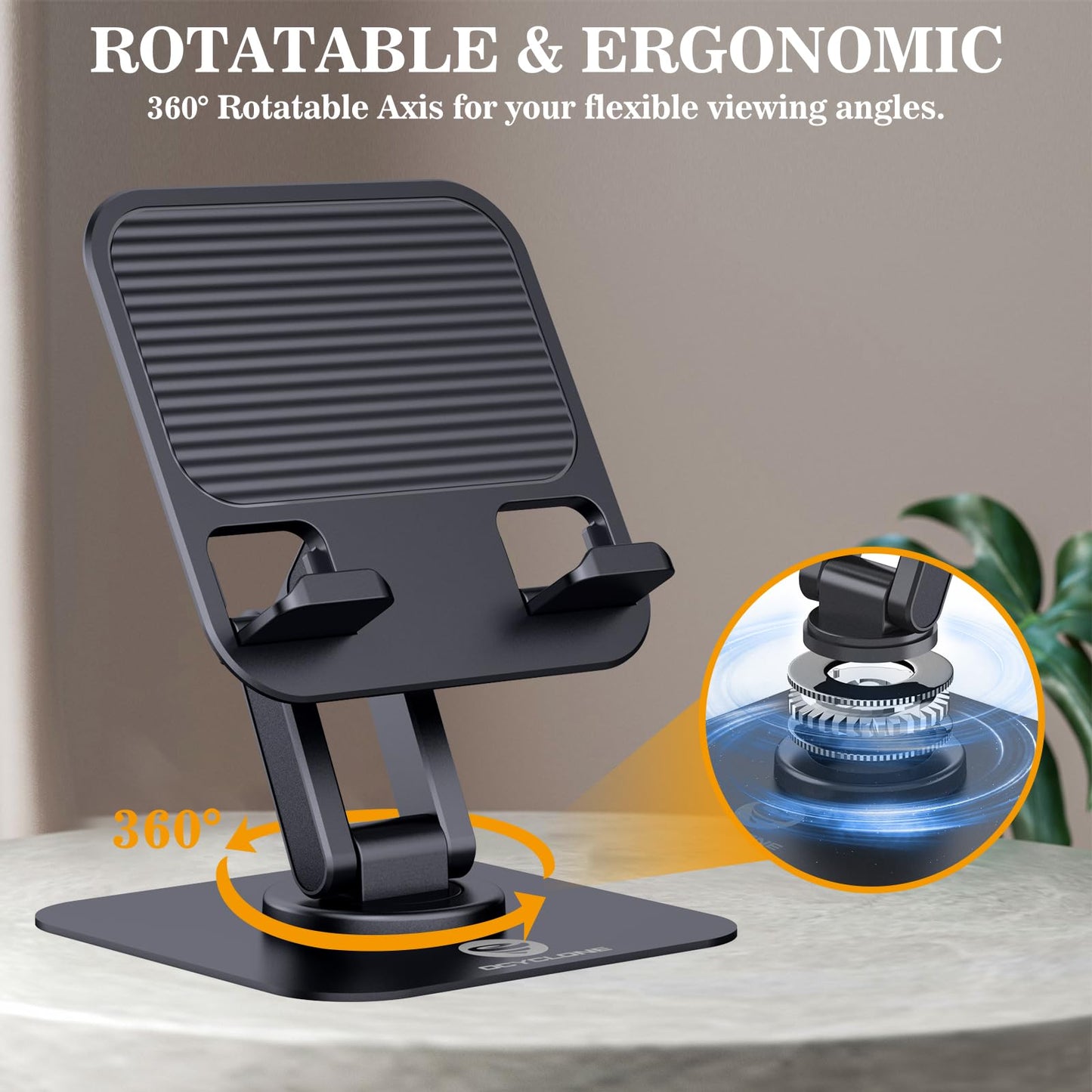 OCYCLONE for iPad Stand for Desk, 360 Rotating Adjustable Portable Monitor Tablet Holder Office Accessories Compatible with Kindle 4" - 15.6" Tablet iPad PS iPhone, Black