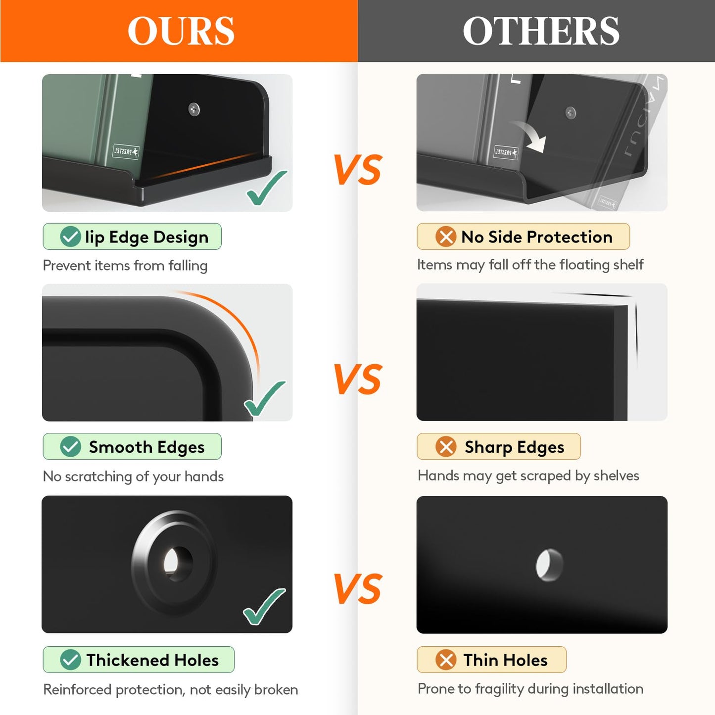 Lifewit Floating Shelves for Wall, 8 Pack Black Acrylic Shelf 15" Room Decor for Bookcase/Vinyl Record Display/Photo/Picture in Bedroom, Living Room, Bathroom, Kitchen Storage and Organization