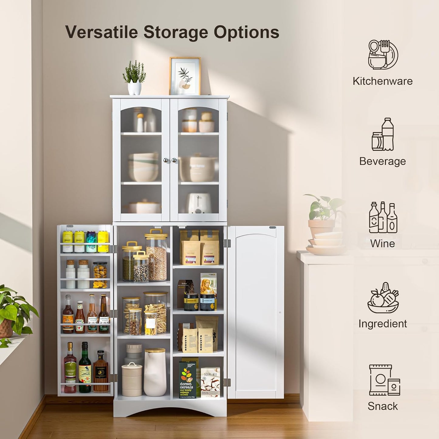 Gizoon 64" Kitchen Pantry Cabinet, Tall Storage Cabinet with Glass Doors and Adjustable Shelves, Freestanding Floor Cabinet Cupboard for Kitchen, Living Room, Dining Room (White)