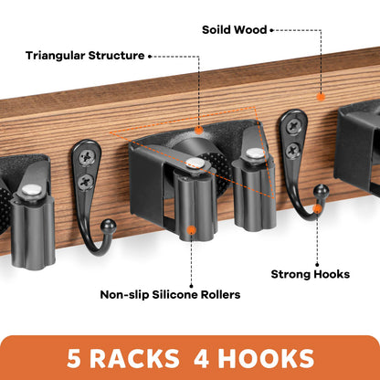 IMILLET Broom Holder Wall Mount, Rustic Wood Broom Hanger with 5 Racks and 4 Hooks, Laundry Room Organization and Storage, Mop Holder for Home Decor, Garden, Garage, Kitchen, Closet