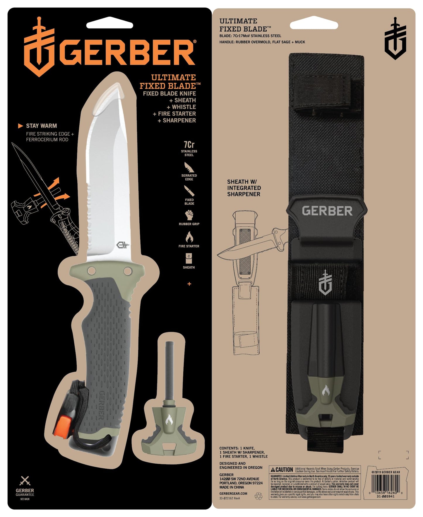Gerber Gear Ultimate Survival Knife, Fixed Blade Knife with Combo Edge, includes Fire Starter Edge and Ferro Rod, Whistle, Sheath with Integrated Sharpener - Bushcraft, Hunting and Camping Tool