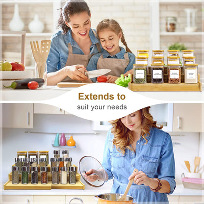 Lenwi Spice Rack Organizer for Cabinet, 3 Tier Expandable Bamboo Spice Storage, Great for Kitchen Cabinet, Cupboard,Pantry and More