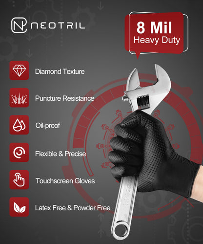 NEOTRIL 8 Mil Heavy Duty Disposable Nitrile Gloves with Raised Diamond Texture Grip Rubber Gloves, Latex & Powder Free Mechanic Glove for Household Cleaning, Black | 50 Pcs