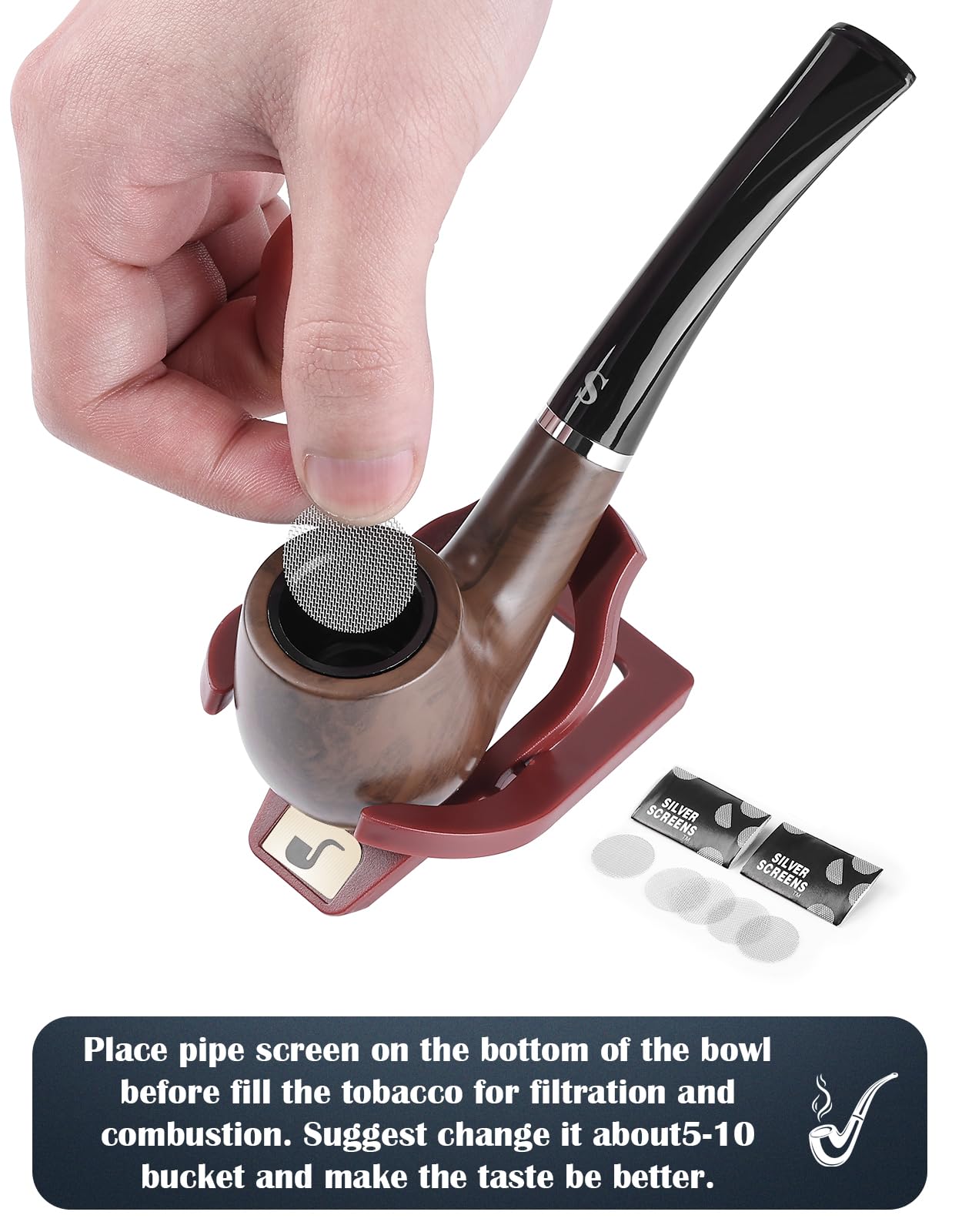 Joyoldelf Tobacco Pipe Set, Short Handle Curved Smoking Pipe with Foldable Pipe Stand Holder, Pipe Starter Kit for Beginner with Gift Box and Accessories