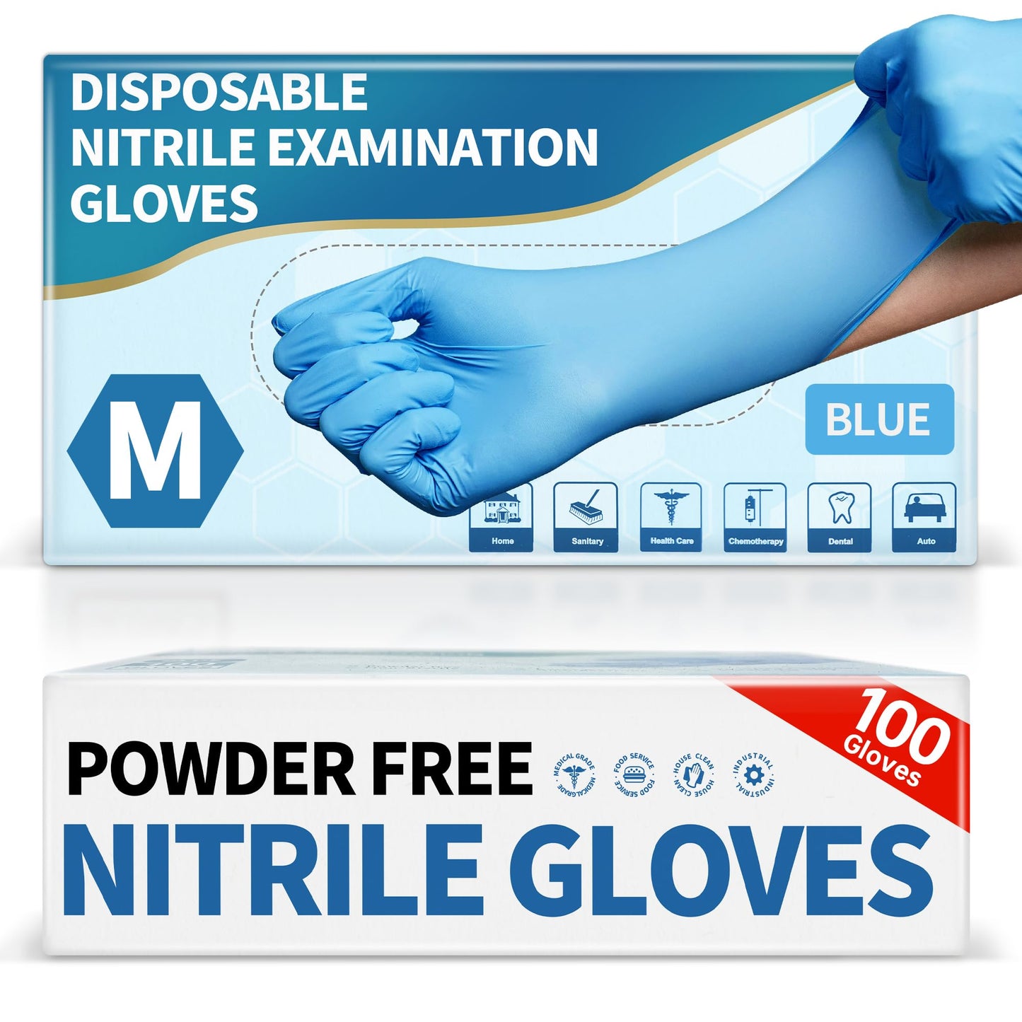 Medguy Powder-Free Nitrile Exam Gloves, 4.5 Mil, 100 Pcs Blue Disposable Latex-Free Food-Safe Medical Cleaning Cooking Gloves (Medium)