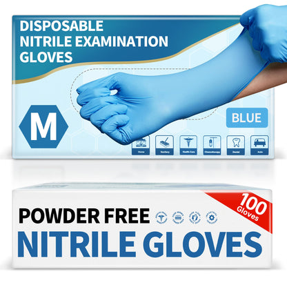 Medguy Powder-Free Nitrile Exam Gloves, 4.5 Mil, 100 Pcs Blue Disposable Latex-Free Food-Safe Medical Cleaning Cooking Gloves (Medium)