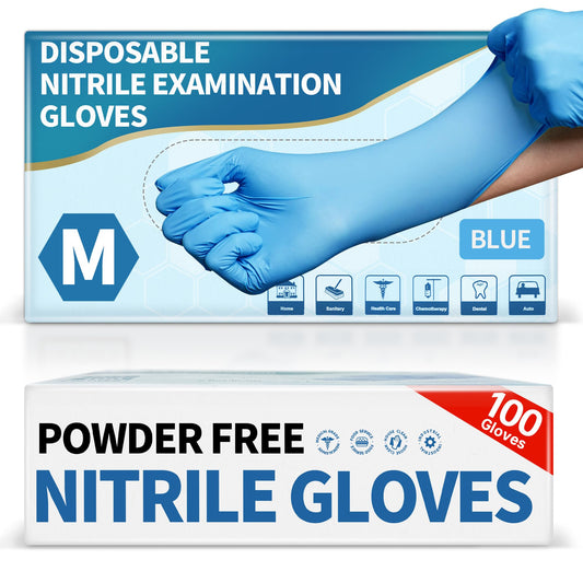 Medguy Powder-Free Nitrile Exam Gloves, 4.5 Mil, 100 Pcs Blue Disposable Latex-Free Food-Safe Medical Cleaning Cooking Gloves (Medium)