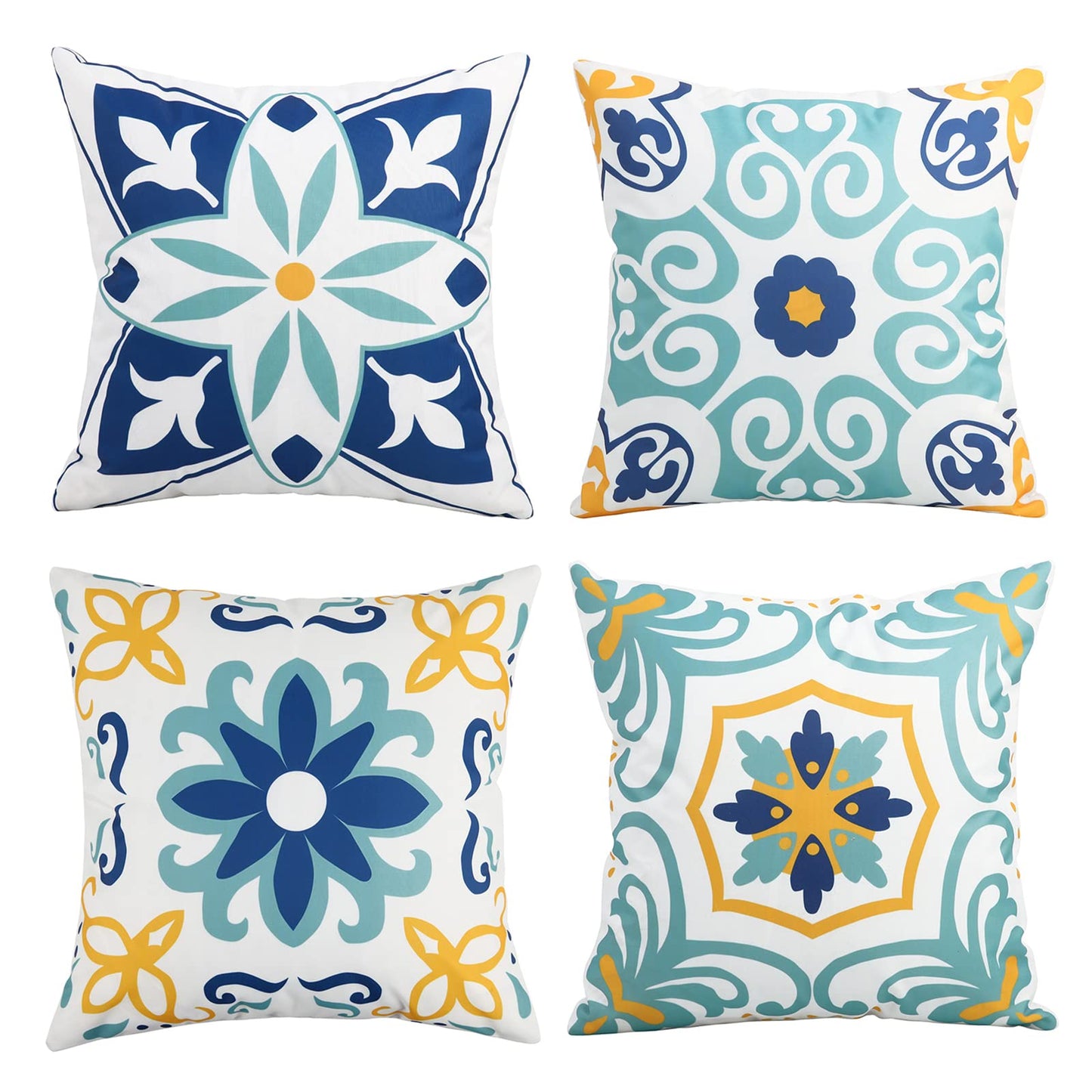 Outdoor Waterproof Throw Pillow Covers Set of 4 Floral Printed and Boho Farmhouse Outdoor Pillow Covers for Patio Funiture Garden 20x20 Inch Blue