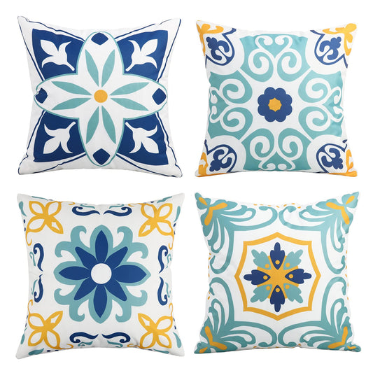 Outdoor Waterproof Throw Pillow Covers Set of 4 Floral Printed and Boho Farmhouse Outdoor Pillow Covers for Patio Funiture Garden 20x20 Inch Blue