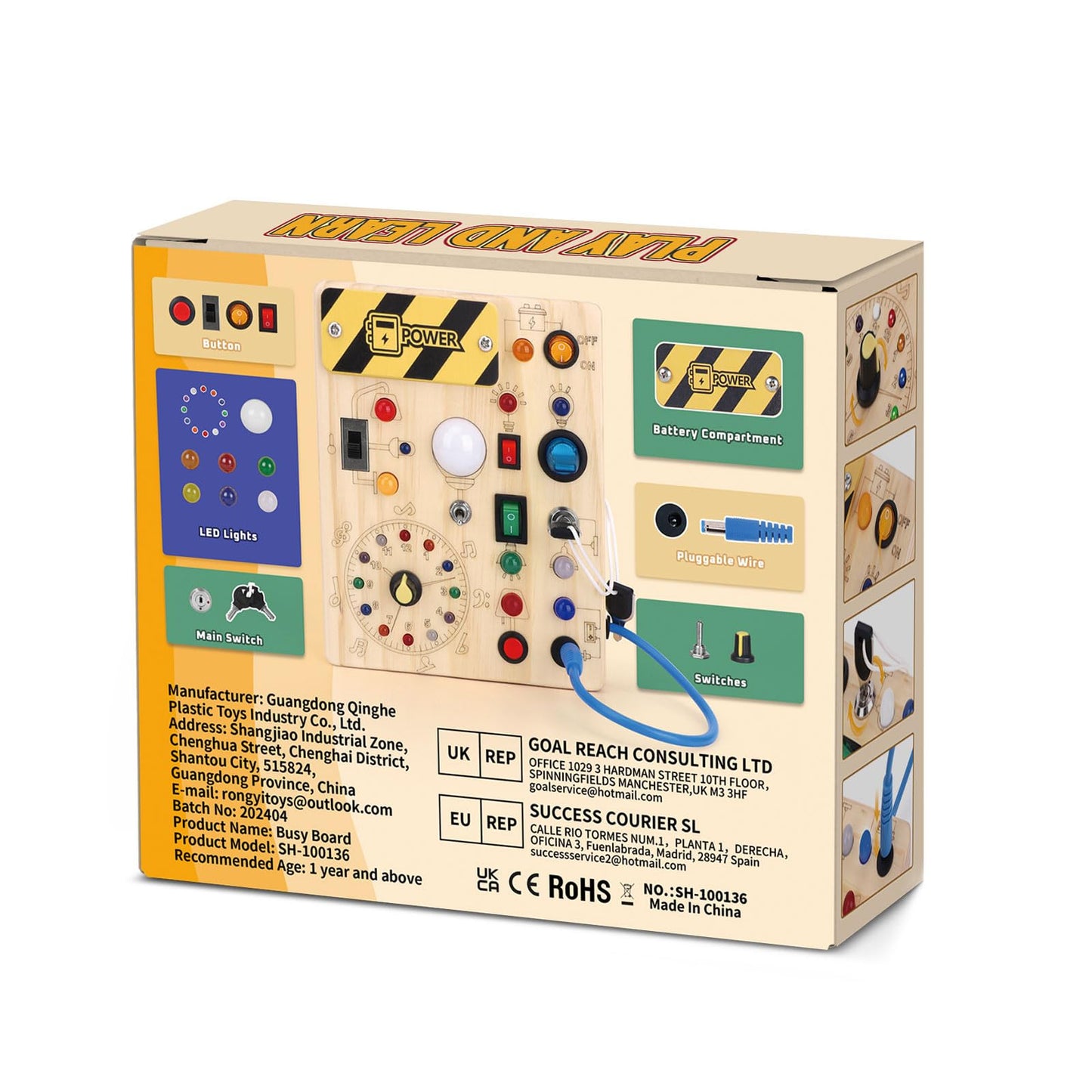 Iabedi Busy Board, Montessori Toy for 1-3 Years Old, Wooden Toddler Sensory Travel Toy, Ideal Gift for 1+ Year Old Boys (Busy Board Plus V2), Medium, Yellow