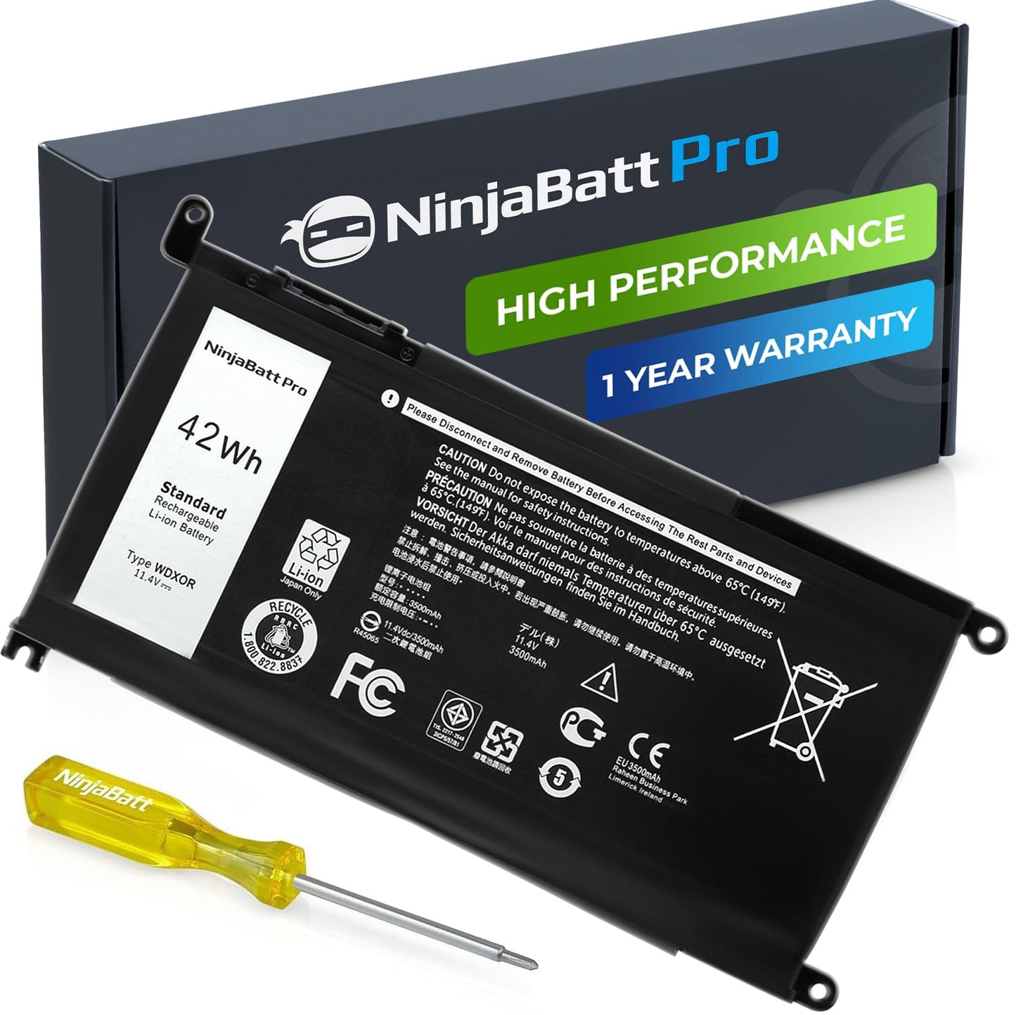 NinjaBatt 1000+ Charge Cycles Battery for Dell WDX0R YRDD6 (Except 5580) P69G FW8KR Inspiron 13-17 5000/7000, 7573 7378 5567 7579 5767 5379 5579 5584 7569 5368 7368 7278 7375 5770 5378 - [42Wh/11.4v]