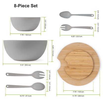 11.5" Extra Large Salad and 8" Serving Bowl with Wooden Lid and Servers - Bamboo Fiber Wood Mixing Bowl Set with Utensils & Wooden Cutting Board Top for Fruits, Vegetable Salads, Pasta (8pc Set) Grey