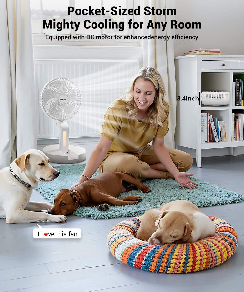 Geek Aire Personal Cooling Fan that Blow Cold Air, Portable Rechargeable Desk Fan with LED, Oscillating Standing Table Fans, Battery Powered Floor Fan for Bedroom, Travel, Dorm, Cruise RV Essentials